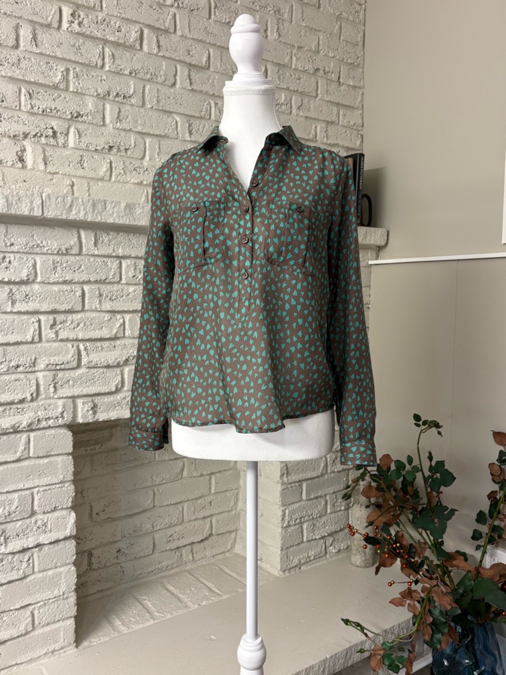 LOFT Olive Button-Up Shirt with Teal Heart Print- SHEER. Size Small